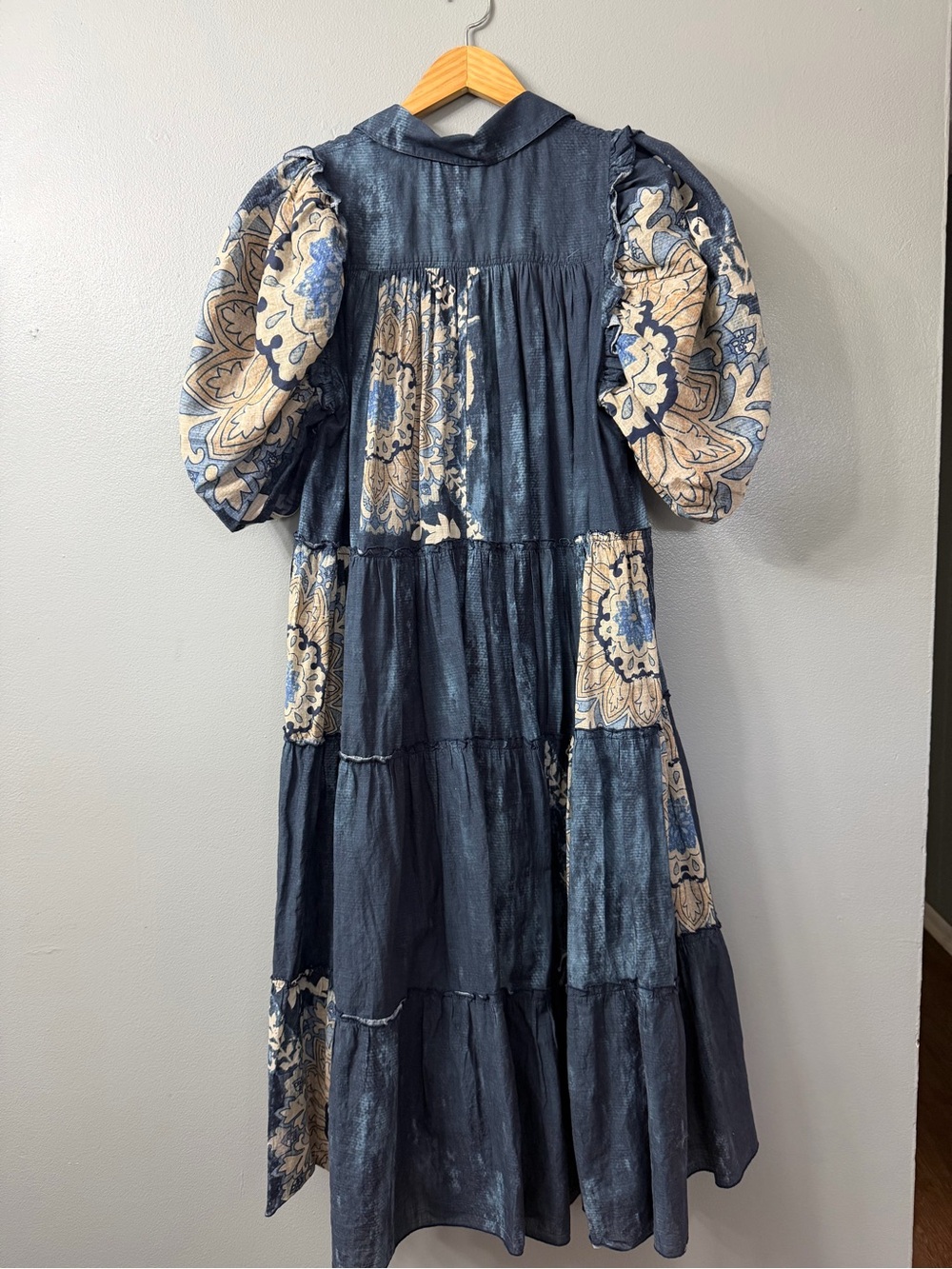 Anthropologie Let Me Be Puff-Sleeve Patchwork Cotton Midi Shirt Dress Large - Picture 10 of 13